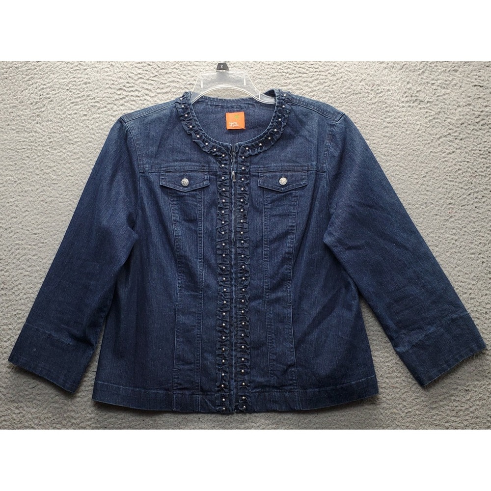 Hearts of Palm Jacket Womens M Blue Denim Ruffle Beaded Collarless Zip Up EUC